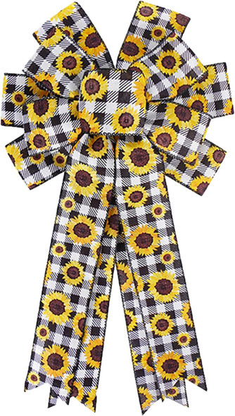Sunflower Black White Buffalo Plaid Wreath Bow Large Rustic Summer Fall Autumn Sunflower Bow Christmas Tree Topper for Farmhouse Home Indoor Outdoor Wedding Decoration