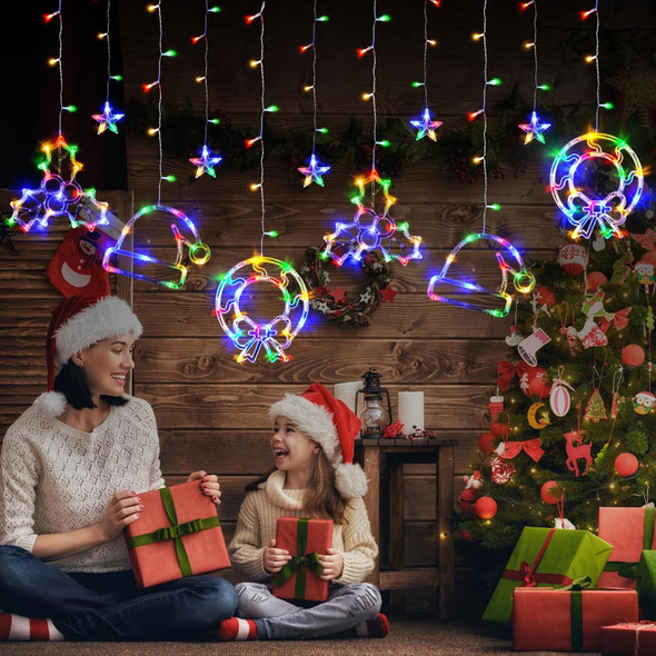 LOLStar Christmas Window Lights, 180 LED Multicolor Hanging Christmas Party Decorations, Hat Wreath and Holly Berry, Indoor String Lights Connectable 8 Flashing Modes Curtain Lights for Year