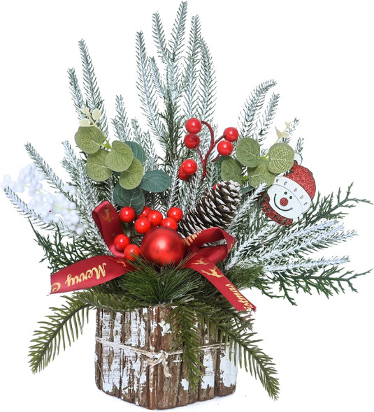 LOLStar Small Christmas Tree Artificial Mini Christmas Tree Decorations with Holiday Ornaments Red White Berry Pinecone Wooden Snowman Sign, Table Top Christmas Decor Indoor for Office Desk Home