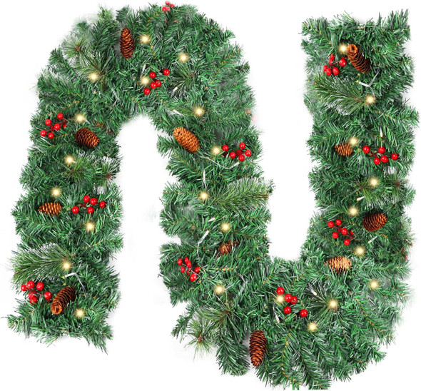 LOMIMOS 9FT Christmas Lighted Artificial Garland, Xmas Battery Operated Green Rattan with 50 Lights Pine Cones Red Berries for Fireplace Stair Mantle Indoor Outdoor Home Fireplace Porch Decoration(A)