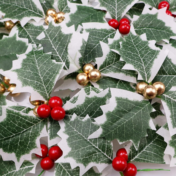 Lorigun 30 Pieces Artificial Holly Berries, Fake Berries with Green Leaves, Artificial Berry Flowers Decorations Christmas Crafts, Faux Golden Red Holly Berries Stems for Party Wreath Centerpiece