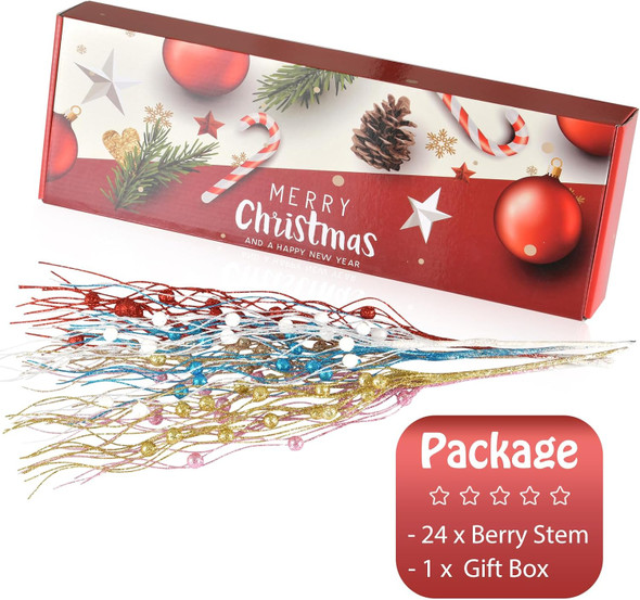 Christmas Artificial Glitter Berry Stem Decorations Decorative Bead Sticks Xmas Picks Glittery Twigs Branches for Christmas Tree Wreath Vase Decor Party Ornaments White 24 PCS