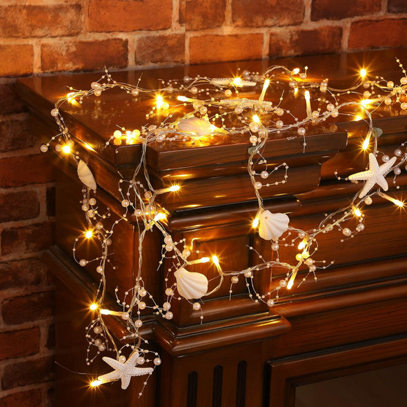 9.8 Feet Christmas White Berry Sea Star Seashells Beaded Beach Ocean Decor String Lights with 30 LED Lights Garland Decor Decorative Christmas Garland for Christmas Tree Home Decoration Supplies
