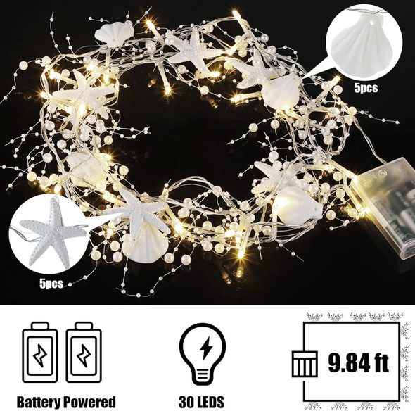 9.8 Feet Christmas White Berry Sea Star Seashells Beaded Beach Ocean Decor String Lights with 30 LED Lights Garland Decor Decorative Christmas Garland for Christmas Tree Home Decoration Supplies
