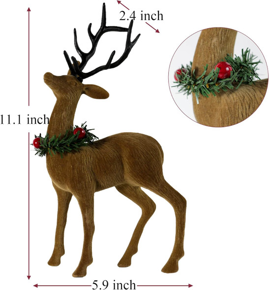 2pcs Reindeer Christmas Decorations, Flocking Christmas Reindeer Figurines with Red Berry and Pine Needle, Deer Décor Christmas Table Decorations, Christmas Table Centerpieces
