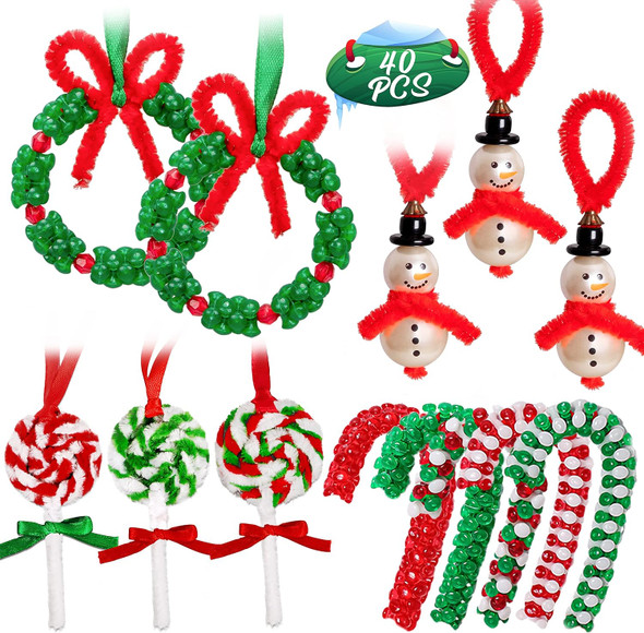 Christmas Crafts for Kids Beaded Ornament Kit - Including 10 PCS Snowman,12 PCS Wreath,8PCS Candy Cane,10PCS Lollipop Xmas Holiday Party Tree Favor Decorations(40Pieces,Assembly Needed)