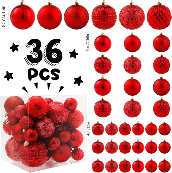 Red Christmas Ball Ornaments Christmas Tree Decorations 36pcs Shatterproof Christmas Ornaments Set with 6 Styles in 3 Sizes(Small Medium Large)