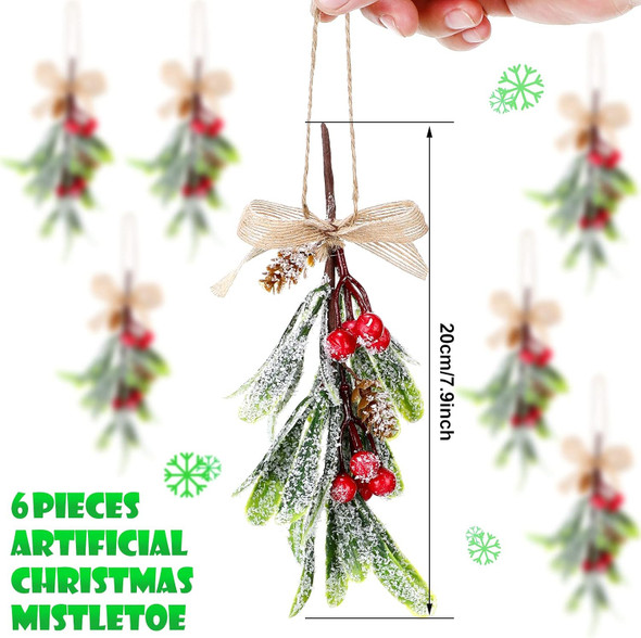 Snowy Artificial Christmas Mistletoe Picks Snowy Red Berry Branches Glitter Mistletoe with Ribbon Christmas Mistletoe Hanging Ornament for Christmas Party Decorations (6 Pieces)