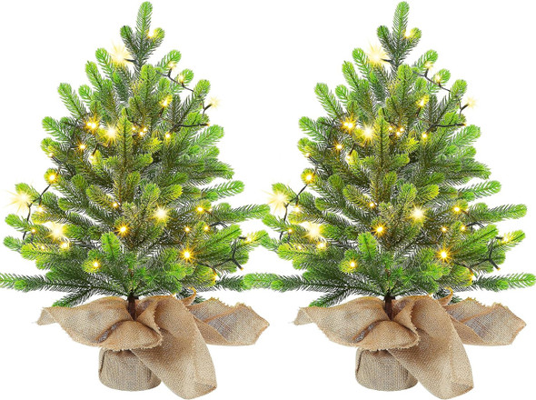 Lulu Home 2 Packs Pre-lit Artificial Mini Christmas Tree, 24 Inch Tabletop Battery Operated Pine Tree with 50 LED Light and Burlap Wrap Base for Xmas Spring Decor
