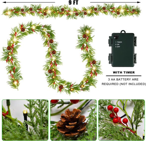 Lulu Home 9FT Pre-lit Christmas Garland, 30 LEDs Xmas Lighted Garland with Pinecones Red Berries, Battery Operated Garland with Timer for Fireplace Balcony Railing Fence Decoration