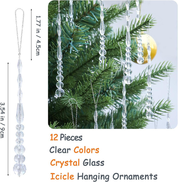 12pcs Crystal Icicle Christmas Tree Ornaments, Glass Beads Hanging Chandelier Pendants for Christmas Party Wedding Winter Decorations (White Clear)