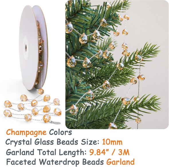 Christmas Garland, 9.8Ft Crystal Glass Beads Strands, 100pcs 10mm Faceted Waterdrop Glass Beads Hanging Ornament for Christmas Tree Centerpieces Wedding Party Decorations (Gold)