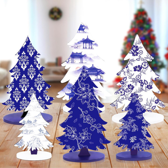 Chinoiserie Wooden Christmas Tree - 6 Pcs Porcelain Wood Christmas Trees, Xmas Blue Centerpieces for Tables, Holiday Tiered Tray Decorations, Wooden Tree Tabletop Decor for Home Office Party