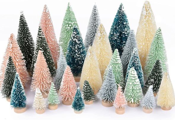 Lvydec 30 Pack Artificial Mini Christmas Trees Decoration, Colorful Mini Pine Tree with Wood Base Bottle Brush Trees for Christmas Decor