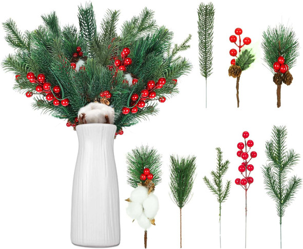 Lyrow 100 Pcs Artificial Pine Branches Green Pine Needles Fake Greenery Christmas Picks Floral Christmas Wreath Decorations Holly Red Berry Stems for Winter Holiday DIY Garland Home Garden Decor