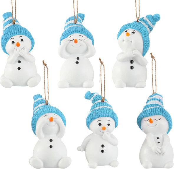 Lyrow 6 Packs Resin Snowman Christmas Ornament with Various Animated Faces Christmas Tree Hanging Decorations, Party Decors for Holiday Stocking Stuffers Tree Wreath Mantel Garland Decor (Blue)