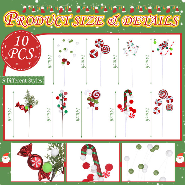 Lyrow 10 Pcs Christmas Tree Picks Christmas Candy and Lollipop Pick Christmas Tree Picks Decoration Lollipop for Xmas Tree Topper Decor Vase Filler Craft Wreath Holiday Party Ornament (Cute)