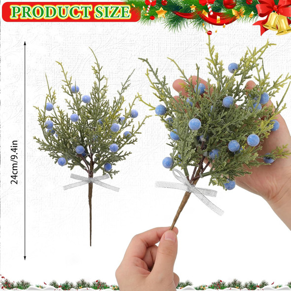 Lyrow 15 Pcs Artificial Pine Leaves Branches with Berries Artificial Juniper Cedar Spray Greenery Pine Twigs Stems Pick for Craft DIY Christmas Garland Wreath and Winter Indoor Outdoor Decorations