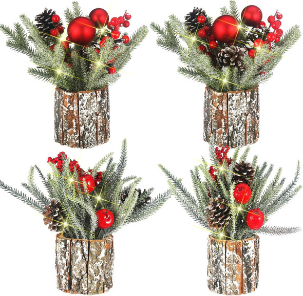 4PCS Small Christmas Tree 13.8 x 11.8 Artificial Mini Tabletop Christmas Tree Decor Mini Christmas Tree with Berries and Pine Cones Xmas Table Centerpiece Home Potted Tree with LED Lights for Party