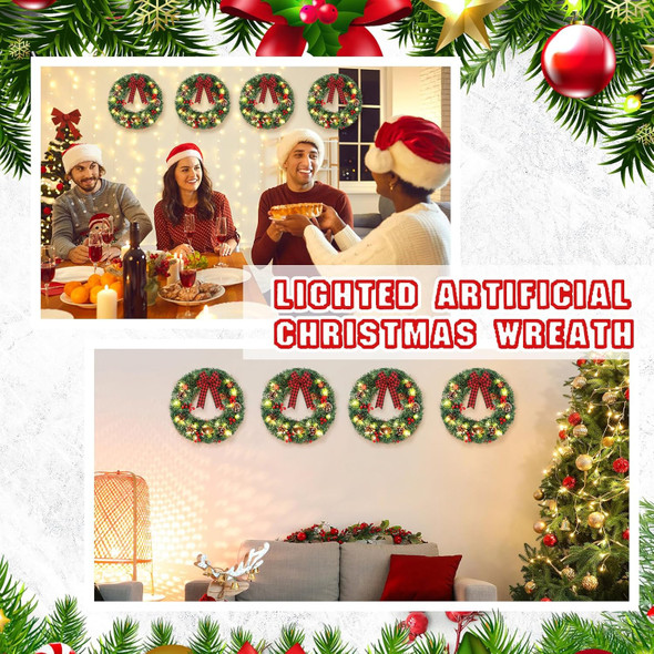 Lyrow 4 Pcs Christmas Wreath 13.8 Inches Prelit Small Xmas Wreaths with Red and Black Bow Christmas Door Wreath with Pine Cones Red Berries for Door Outdoor Holiday Party