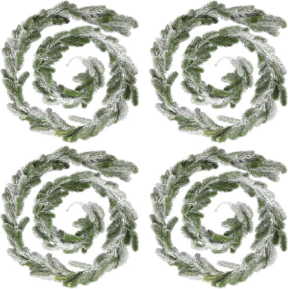 Lyrow 4 Pcs Christmas Garlands Pine Garland Artificial Winter Snowy Greenery Garland White Cedar Garland Faux Indoor Outdoor Pine Garland for Mantel Fireplace Stairway Xmas Decorations(4 Pcs,9 ft)