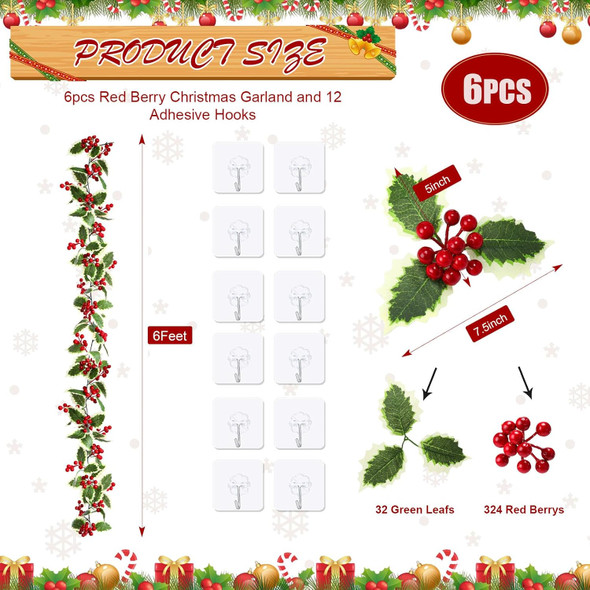 Lyrow 6 Pieces 6 ft Red Berry Christmas Garland Decoration Artificial Berry Garland Flexible Christmas Faux Garland for Outdoor Indoor Tree Fireplace Mantle Door Table Home Winter Holiday Farmhouse