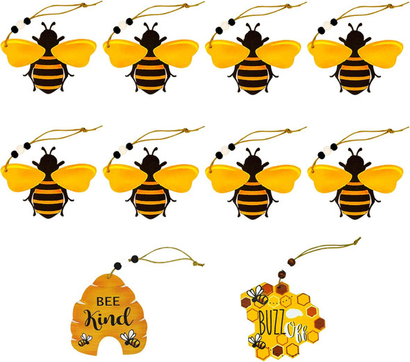 10 Pcs Bee Ornaments Beehive Wood Bumble Bees Cutouts Decorations Honeycomb Sign Crafts for Tree Tree Tray Wreath Christmas Festival Home Hanging Decor, Bulk