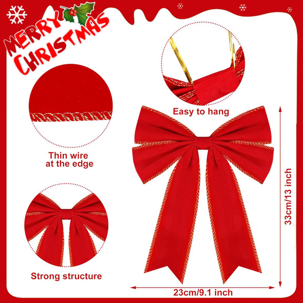 20 Packs Christmas Velvet Bows 13 x 9 inch Red Velvet Bow Ornament for Tree Large Premade Red Bows for Outdoor Indoor Xmas Tree Wreath Door Holiday Decoration