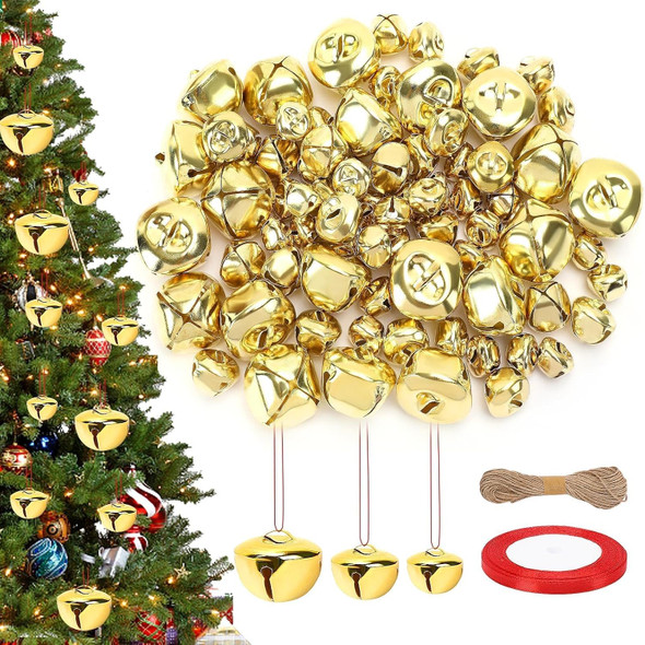 MARFOREVER Christmas Jingle Bells Garland DIY, 75 Pcs 1.5/1/0.8 inch Gold Christmas Craft Bells with Ribbon and Rope Hanging Sleigh Bells for Xmas Tree Ornament Winter Holiday Party Home Decorations