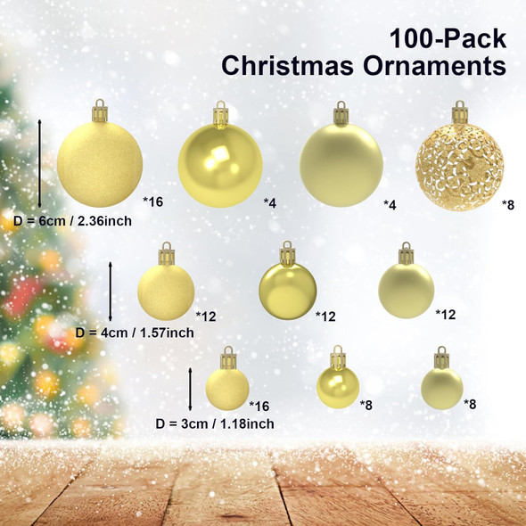 Christmas Ornaments Set, 100ct Gold Christmas Balls Decoration Set, Shatterproof Hanging Plastic Christmas Ball Ornament for Xmas Tree Holiday Decor