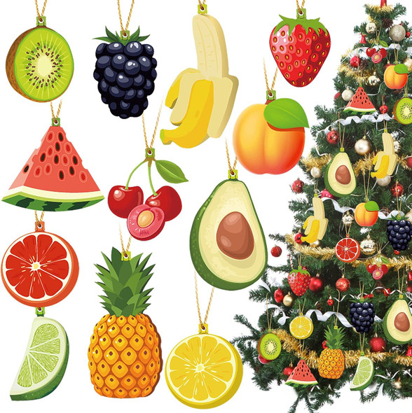 Christmas Tree Wooden Hanging Ornaments Wood Fruit Ornaments Animal Ornaments Vegetable Ornaments Decoration Slices Tree Ornaments for Christmas Tree Wreath Fireplace Decor (Fruit Style,24 Pieces)