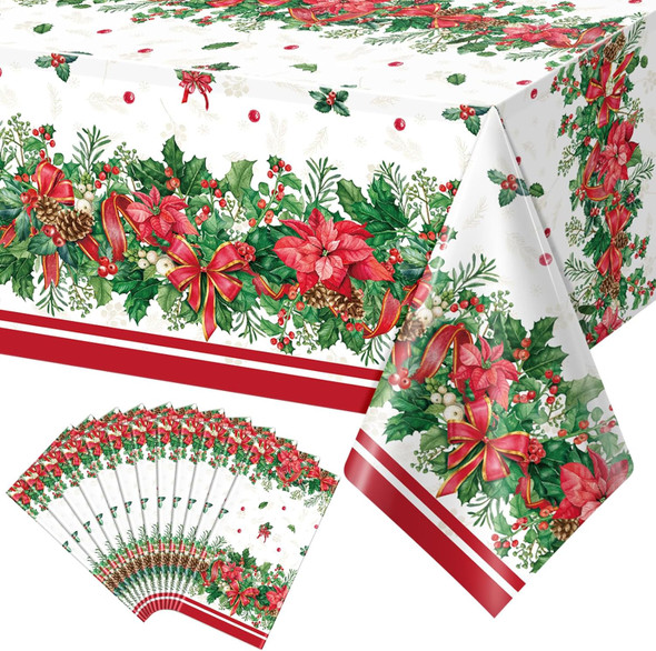 12Pcs Christmas Holly Poinsettia Tablecloths, Holly Berry Red Ribbon Table Cloth Disposable Rectangle Plastic Holly Poinsettia Table Covers for Xmas Holiday Party Decorations and Supplies,54x108inch 12Pcs Christmas Holly Poinsettia Tablecloths, Holly Berry Red Ribbon Table Cloth Disposable Rectangle Plastic Holly Poinsettia Table Covers for Xmas Holiday Party Decorations and Supplies,54x108inch