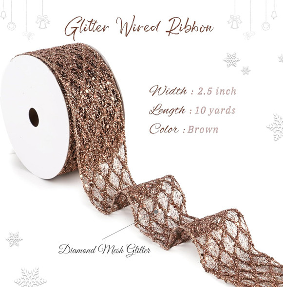 MAYREEL Brown Wired Ribbon 2.5 Inch x 10 Yards Glitter Wired Ribbon Copper Christmas Decorations Copper Wired Ribbon for Thanksgiving Fall Wreath Supply Christmas Tree Ribbon Garland Topper Bow