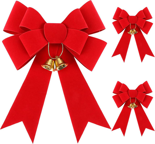 MCPINKY Christmas Bows Decor, 9 X 12 Inches Christmas Red Velvet Bows 3PCS Christmas Tree Crafts with Jingle Bells and Ribbon for Christmas Wreath Box Holiday Christmas Day Decorations