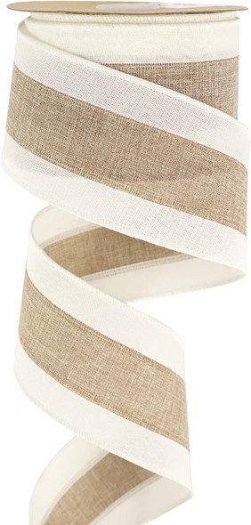 MEEDEE Burlap and White Stripe Ribbon 2.5 Inch Burlap Wired Ribbon with Ivory Burlap Edge Burlap Stripe Wired Ribbon for Wreath Garland Topper Bow Making Fall Christmas Wedding Decorations (10 Yards)