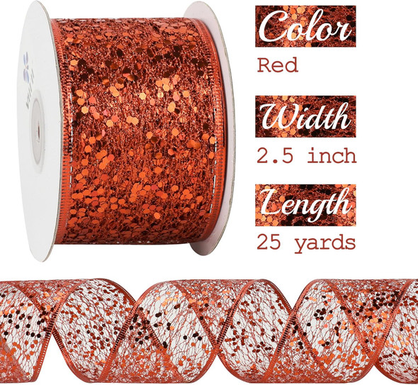 MEEDEE Red Glitter Ribbon Wire Mesh Ribbon with Sparkle Red Christmas Ribbon 2.5 Inch Metallic Ribbon Red Wired Ribbon for Christmas Tree Decoration, Ribbon Garland, Wreath Bow Making (25 Yards) MEEDEE Red Glitter Ribbon Wire Mesh Ribbon with Sparkle Red Christmas Ribbon 2.5 Inch Metallic Ribbon Red Wired Ribbon for Christmas Tree Decoration, Ribbon Garland, Wreath Bow Making (25 Yards)