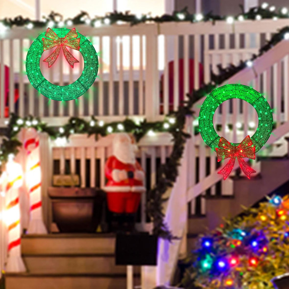 Lighted Christmas Wreath Outdoor Decorations, 24in Small Christmas Wreath 110 Lights with 8 Flashing Effects, Prelit Wreath Plug-in and Battery Operated with Timer for Door, Window, Garage-Green