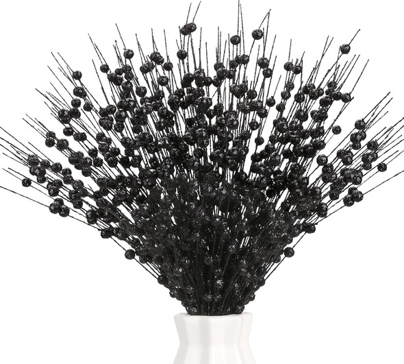 12 PCS Artificial Glitter Berry, Black Christmas Glitter Picks Artificial Berries Stems Ornaments Fake Xmas Stem Decorative Sticks for Vases Tall DIY Wreath Home Decor Halloween Decoration (15.8’’)