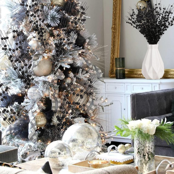 12 PCS Artificial Glitter Berry, Black Christmas Glitter Picks Artificial Berries Stems Ornaments Fake Xmas Stem Decorative Sticks for Vases Tall DIY Wreath Home Decor Halloween Decoration (15.8’’)