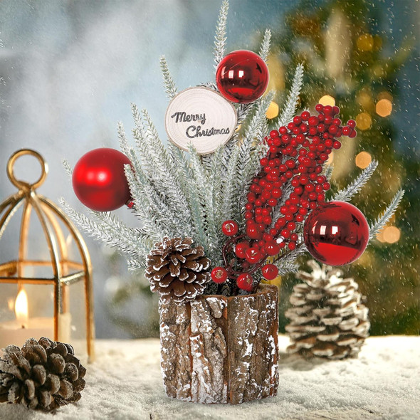 13.7Inch Small Christmas Tree Mini Tabletop Christmas Tree Decorations Artificial Potted Christmas Tree with Red Berry Ball Pinecone for Home Party Holiday Christmas Decor Indoor