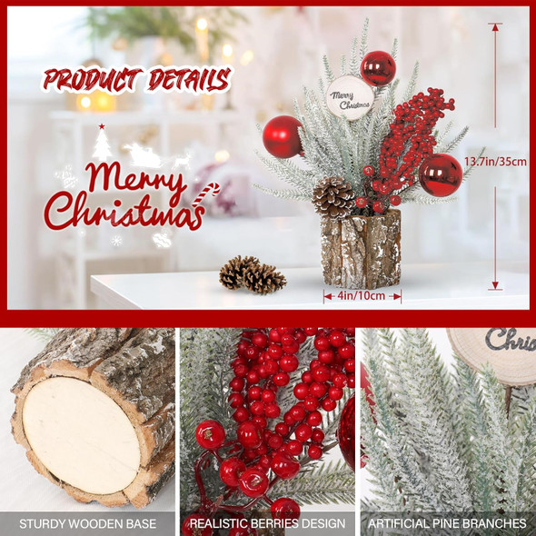 13.7Inch Small Christmas Tree Mini Tabletop Christmas Tree Decorations Artificial Potted Christmas Tree with Red Berry Ball Pinecone for Home Party Holiday Christmas Decor Indoor