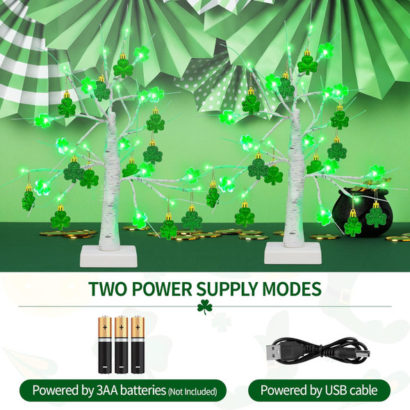 St Patricks Day Decorations, 2 Pack 18 Inches Lighted Birch Tree for Tabletop, Adjustable Lucky Green Lighted Tree Decor with 24 PCS Shamrock Hanging Ornaments for Saint Patrick Indoor Outdoor Party