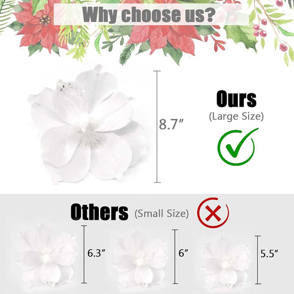 Poinsettia Ornament for Christmas Tree White Poinsettia Flowers Picks Glitter Artificial Poinsettia Flowers Christmas Poinsettia Decorations for Tree Garland Stocking Wedding Party (12pcs,8.6 Inch)