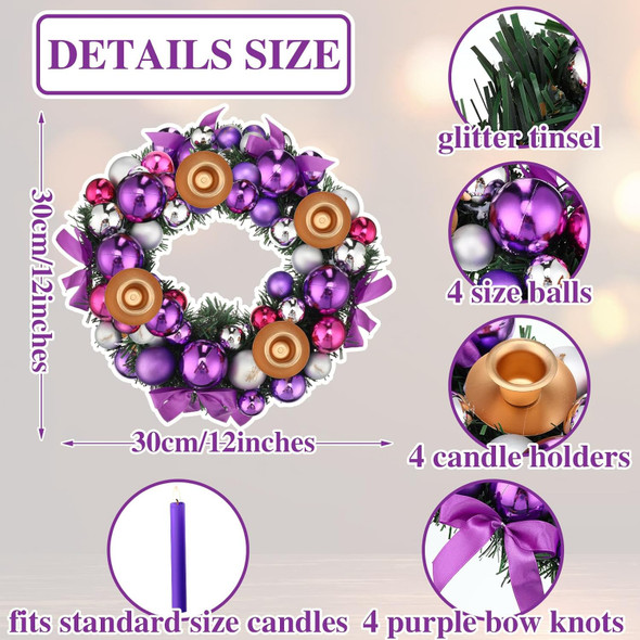 Meooeck Purple Ribbon Advent Wreath Set Calendar Season Candle Holder Catholic Christmas Advent Wreaths Centerpiece Decor with Ribbons and Balls Advent s Xmas Candles Decorations
