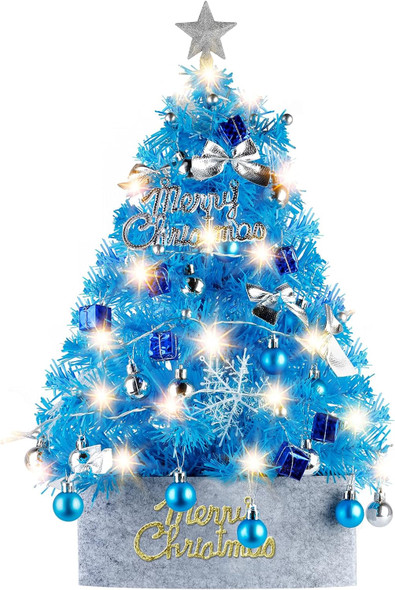 Mini Christmas Tree with Lights, Migaven 24inch/2ft Tabletop Artificial Blue Christmas Tree with Led String Light for Home Office Party Christmas Decoration