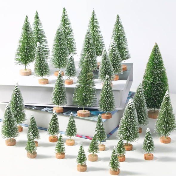 30 PCS Mini Sisal Frosted Christmas Trees, 5 Size Artificial Christmas Trees Bottle Brush Christmas Tree with Wooden Base for Tabletop Christmas Party Home Interior Decor (Green)