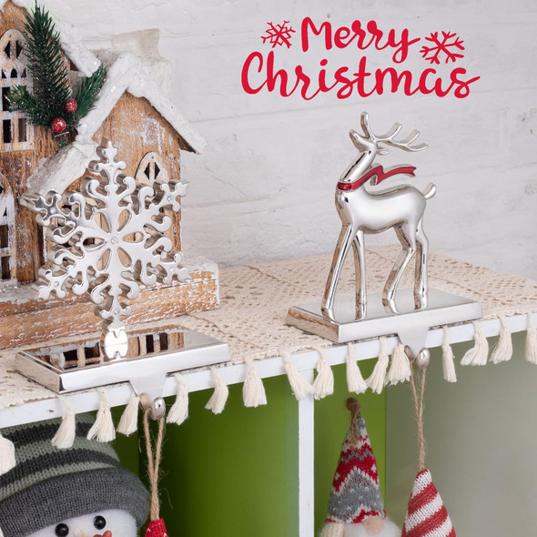Christmas Stocking Holders, Set of 2 Snowflake & Reindeer Silver Stocking Holder, Weighted Personalized Christmas Stockings Hanger for Mantel, Stocking Hooks for Mantle Fireplace Christmas Decorations