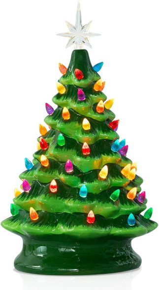 13 Inch Ceramic Christmas Tree, Lighted Tabletop Santa Claus Christmas Tree with Multicolored Lights and Star, Prelit Battery Operated Vintage Ceramic Tree for Office Table Holiday Decorations