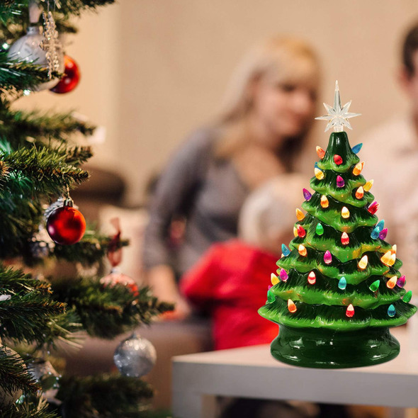 11 Inch Ceramic Christmas Tree, Lighted Tabletop Vintage Christmas Tree with Multicolored Lights and Star, Prelit Battery Operated Vintage Ceramic Tree for Office Table Holiday Decorations