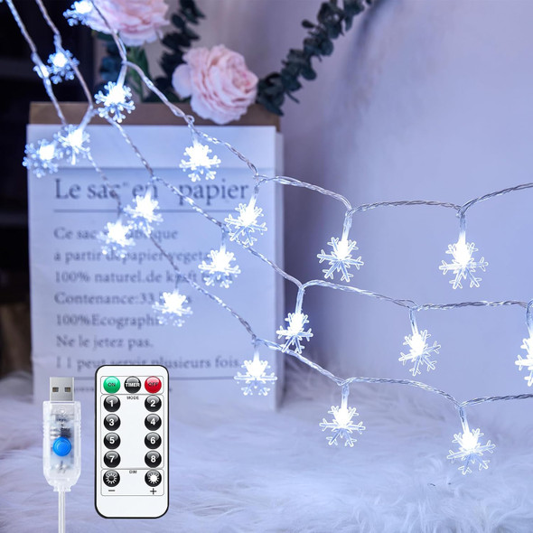 39.6 Ft Christmas Snowflake String Lights, 100 Led Snowflakes Lights 8 Lighting Modes Timing USB Fairy Lights Remote Waterproof Connectable for Holiday Indoor Outdoor Christmas Decorations